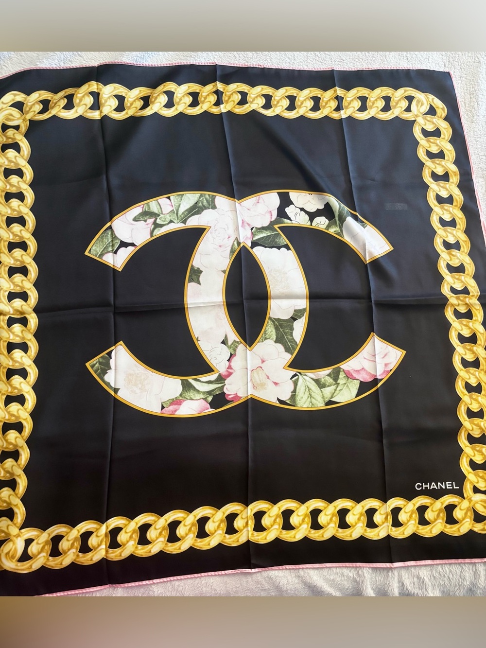 100% Silk CHANEL Black Silk Scarf with Floral CC Logo and Gold Chain Border